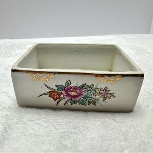 Vintage Floral Ceramic Rectangular Dish with Gold Accents